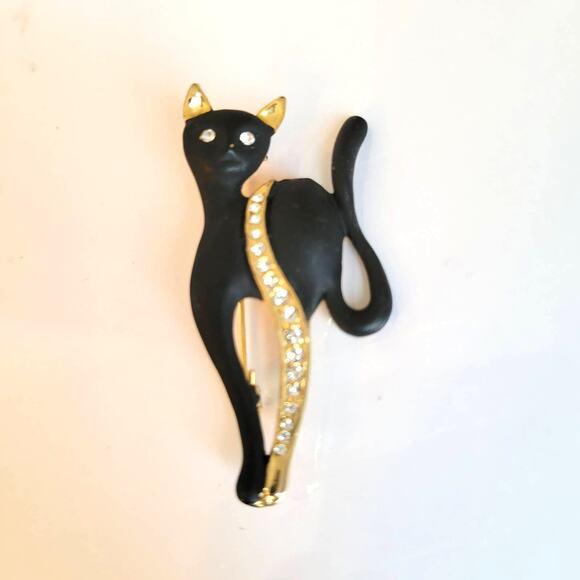 Vintage Cat Brooch Black Enamel Gold Tone Rhinestone Eyes Catcore Black Cat - Picture 3 of 12